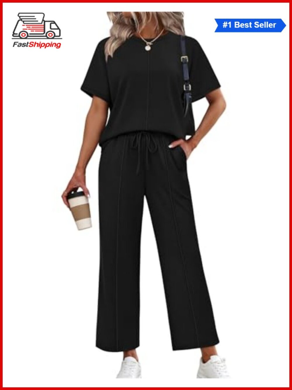 ✨Sampeel Women's Two Piece Wide Leg Pant Set Short Sleeve Lounge Travel Outfit